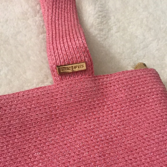 ERIC JAVITS pink squishee woven straw tote purse handbag green lining gold hrdwr - Picture 2 of 5